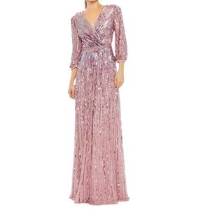 Mac Duggal Mauve Surplice Wrap Over Top 3/4 Sleeve Sequin Gown Style #5509